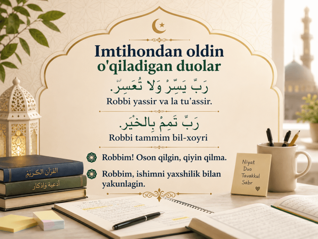 Robbi yassir va la tu’assir. Robbi tammim bil-xoyri