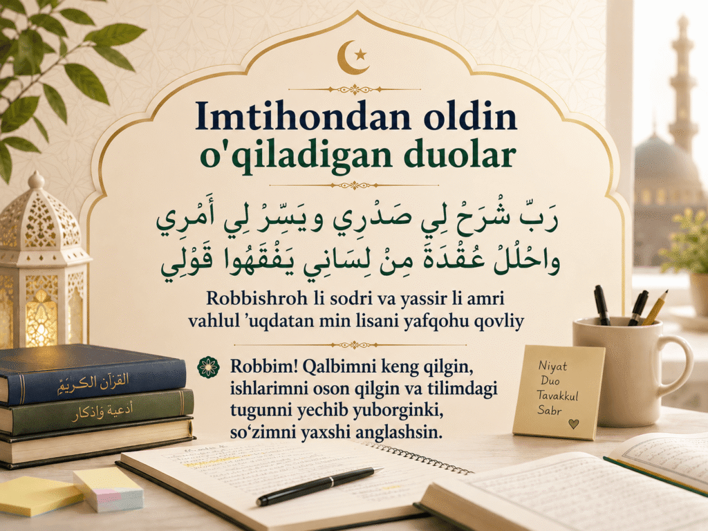 Robbishroh li sodri va yassir li amri vahlul ’uqdatan min lisani yafqohu qovliy