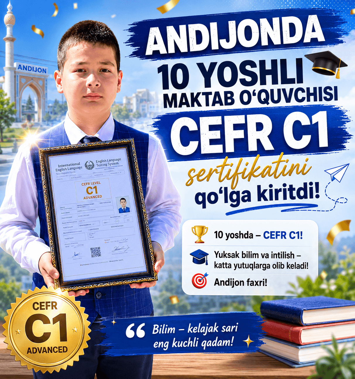 Andijonlik 10 yoshli o‘quvchi C1 sertifikat oldi